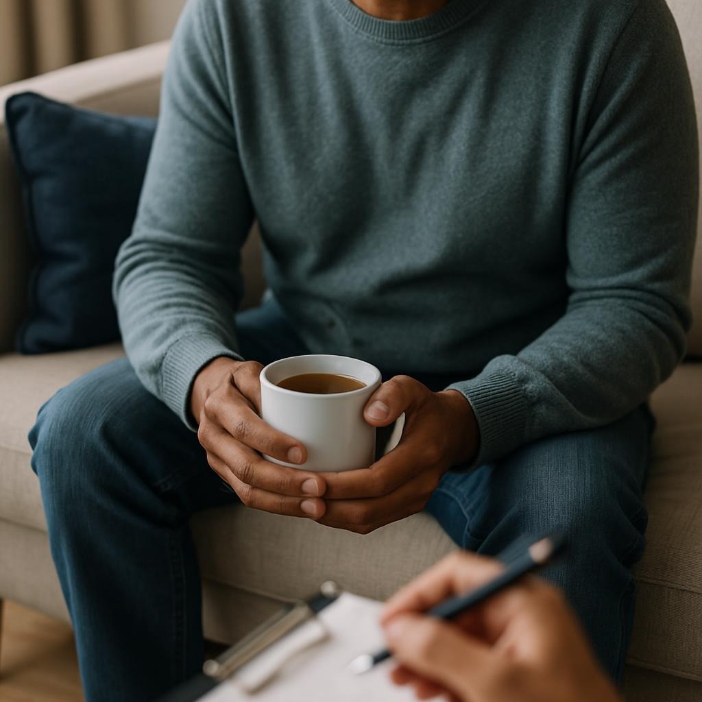 A man's hands cup a mug of tea.  Therapist's hand is visible, taking notes.